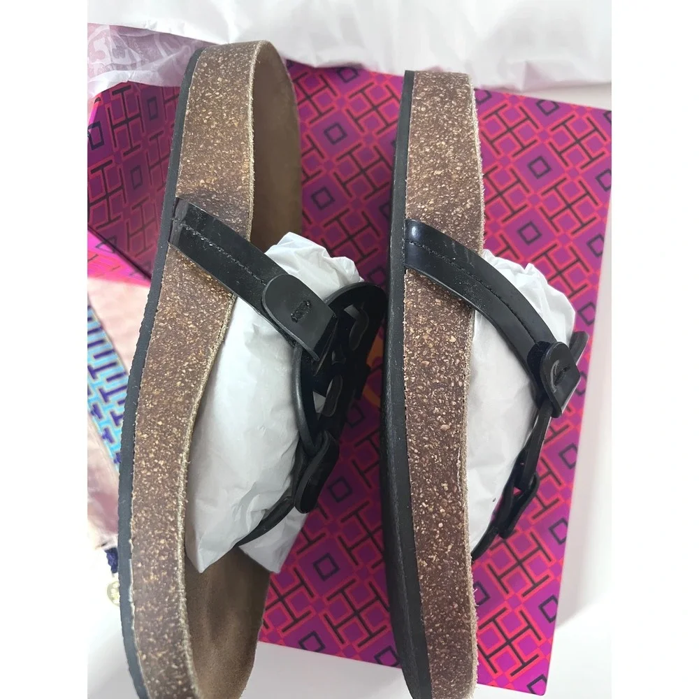 Tory Burch Miller Cloud Sandals Black Patent Leather Cork Size 6.5‎
